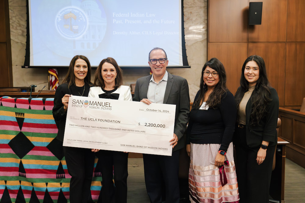 (L-R): Patricia Biggi, executive director of development, UCLA School of Law; Angela Riley, Carole Goldberg Endowed Chair of Native American Law, UCLA School of Law; Michael Waterstone, dean of UCLA School of Law; Mica R. Llerandi, director of the UCLA Tribal Legal Development Clinic; and Monique Osorio, program officer for San Manuel Band Mission Indians. 